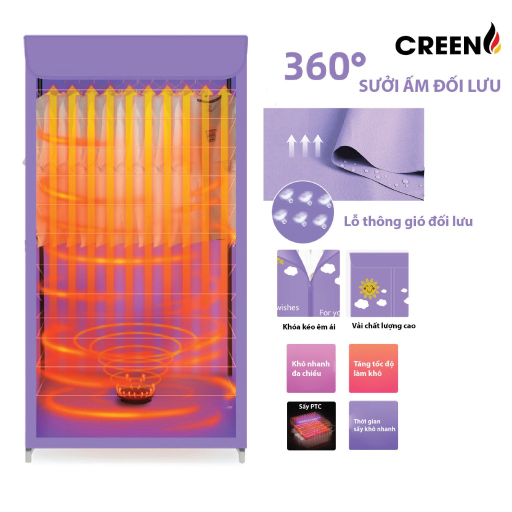 Máy sấy quần áo 2 tầng Creen CR-TS160 công suất 1500W, khối lượng sấy 20kg, sấy khô tĩnh học - Hàng chính hãng