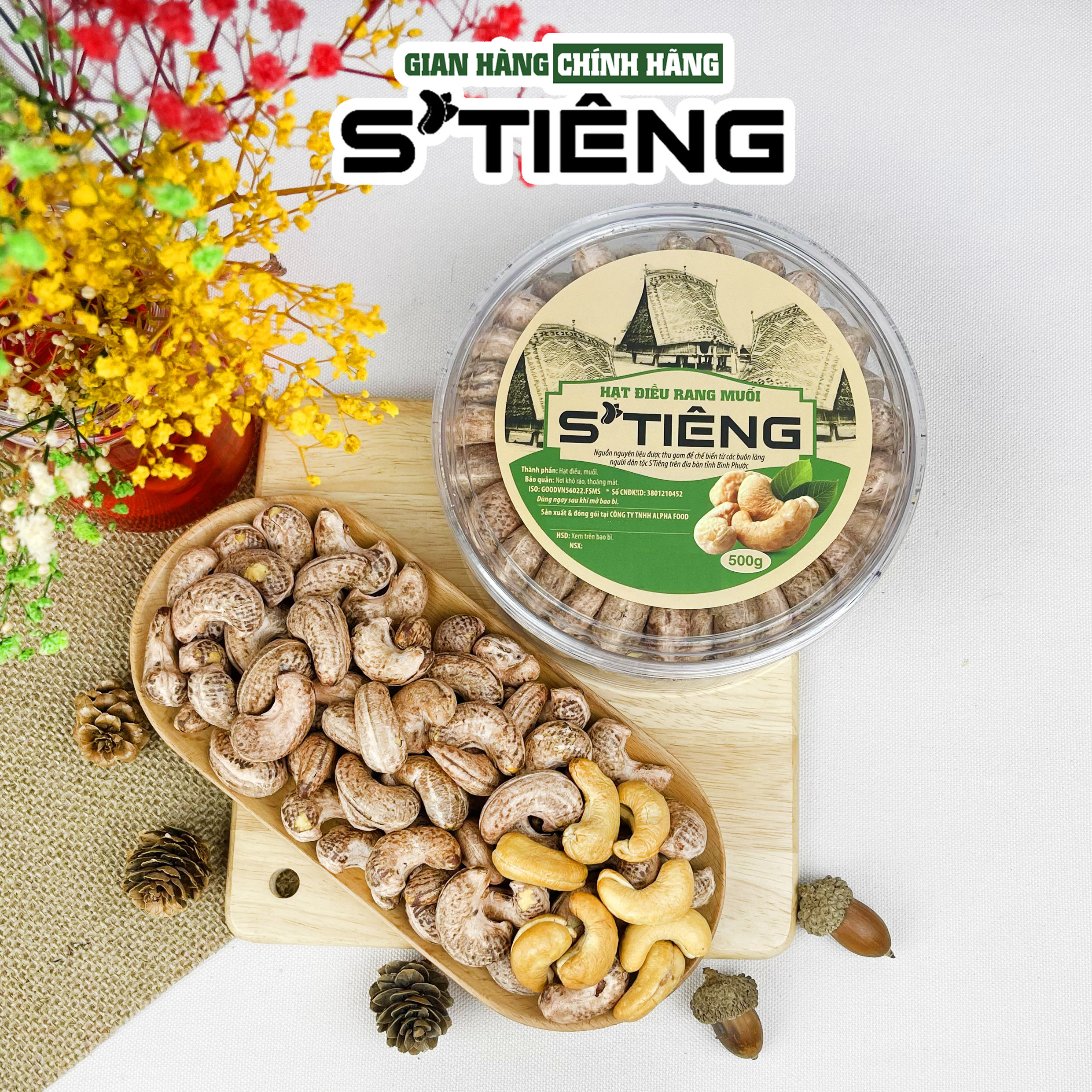 500Gr Hạt Điều Rang Muối Nguyên Hạt S'TIÊNG Hộp Xếp Hoa Đẹp Mắt