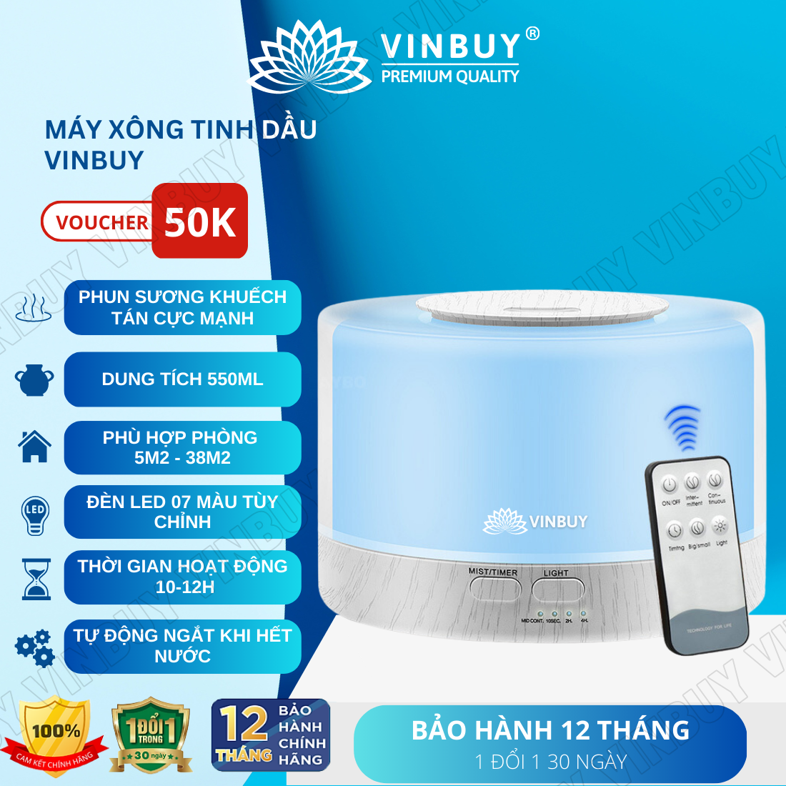 Máy xông tinh dầu VINBUY, khuếch tán tinh dầu, phun sương tạo ẩm, xông tinh dầu phòng ngủ, spa, tự động, dung tích lớn led 07 màu - Hàng chính hãng