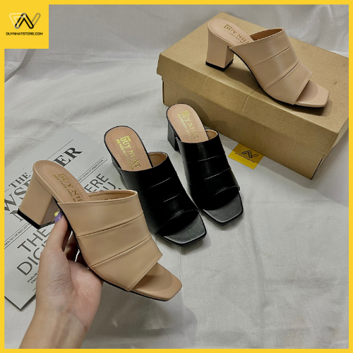 Dép Cao Gót Quai Ngang Giày Duy Nhật Store Phối Da Mờ Chữ H Trơn Bảng To Gót Mũi Vuông Đẹp Cao Cấp 5cm Đen Trung Niên
