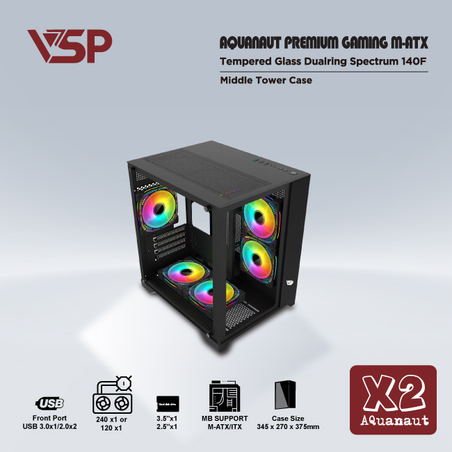 Vỏ máy tính Case VSP X2 Aquanaut [ĐEN] không Fan Kính cường lực 2 mặt (M-ATX,I-ATX) - Hàng chính hãng Tech Vision phân phối