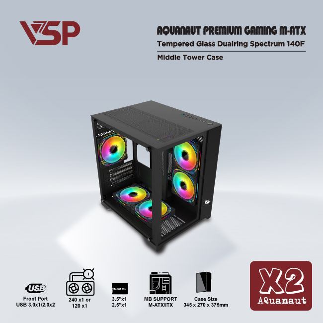 Vỏ máy tính Case VSP X2 Aquanaut không Fan Kính cường lực 2 mặt - Hàng chính hãng Tech Vision phân phối