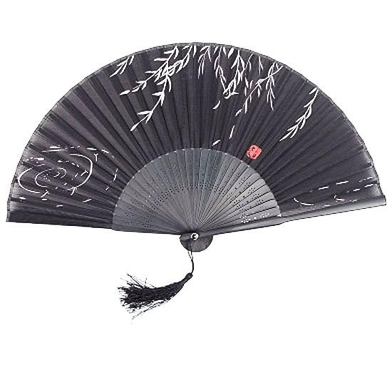 Quạt cổ trang dây tuyến lá liễu ven hồ vải lụa xếp cầm tay quà tặng Trung Quốc xinh xắn