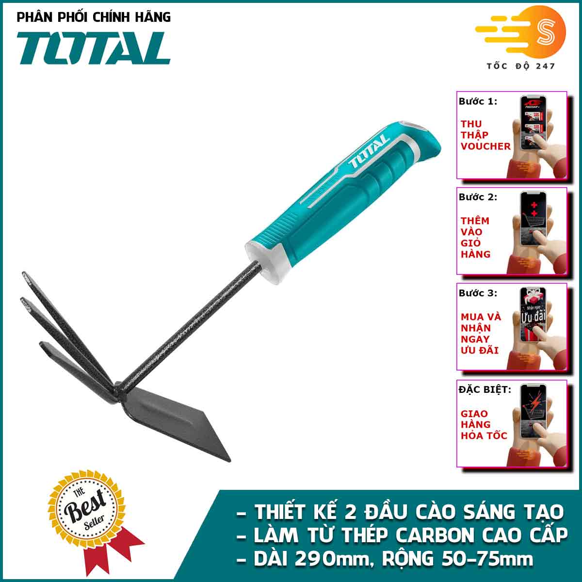 Cây cào đất làm vườn 2 đầu 290mm TOTAL THGT979K - làm từ thép carbon, chăm sóc cây, trồng cây, trồng hoa - Tốc độ 247