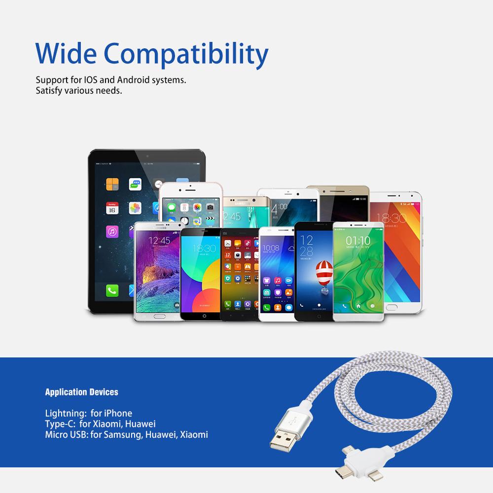 3 in 1 Charging Cable Data Cable 2.4A with Micro USB/Type-c Replacement for iPhone Xiaomi Huawei Samsung Nylon Braided