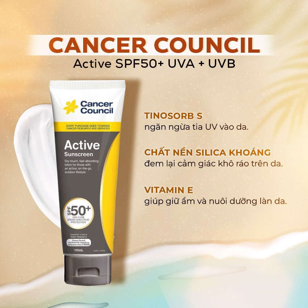 Kem Chống Nắng Cancer Council Active/Sensitiv/Ultra/Everyday SPF 50+/ PA +++ 110ml