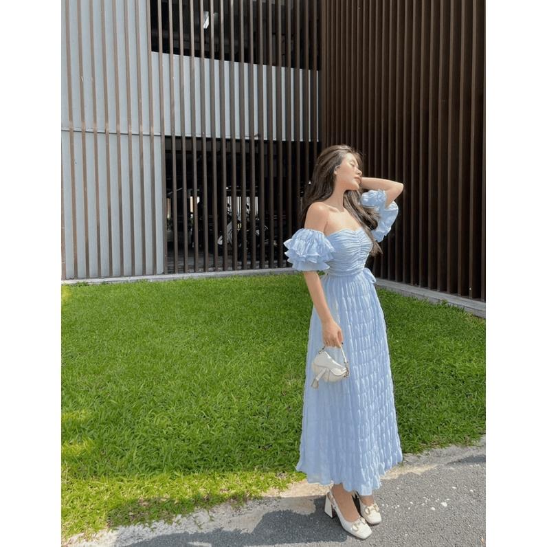 ĐẦM MAXI XỐP NHÚN TRỄ VAI CÓ LÓT CÓ MÚT DÁNG SUÔNG CỰC TÔN DÁNG UP