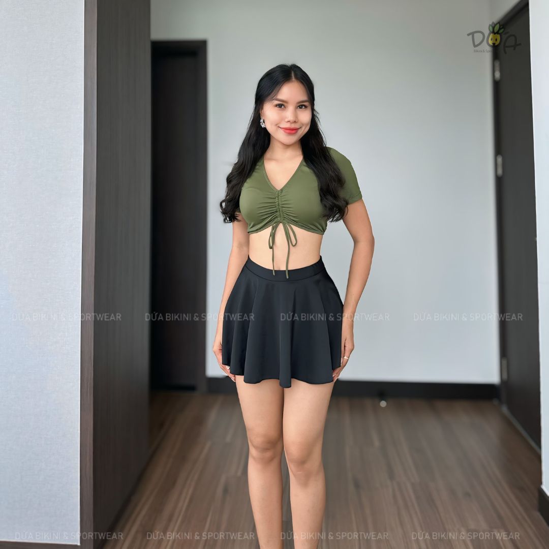 Đồ bơi nữ hai mảnh dáng váy xòe phối áo tay ngắn màu rêu | DỨA BIKINI &amp; SPORTWEAR