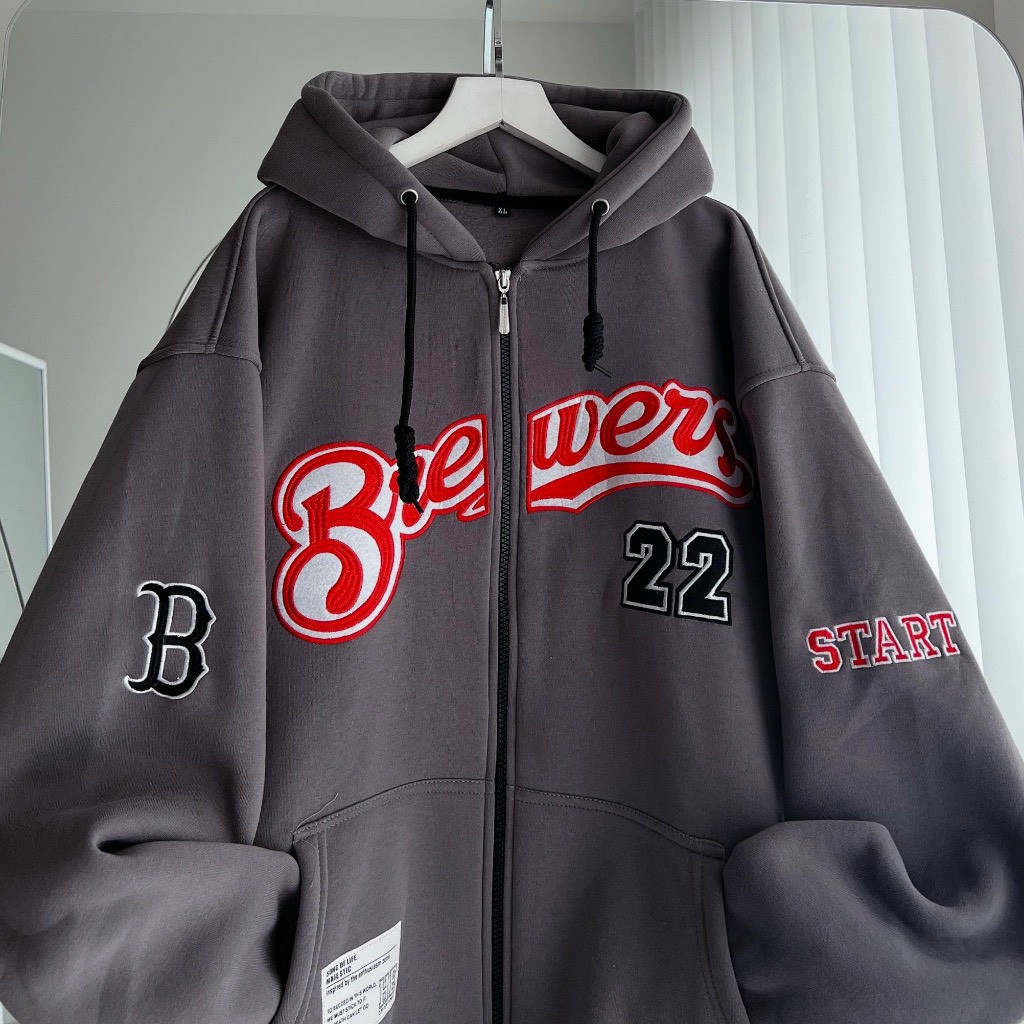 Áo khoác hoodie zip có nón vải nỉ thêu họa tiết số 22 màu xám form rộng unisex nam nữ, áo khoác nỉ from rộng thêu chữ