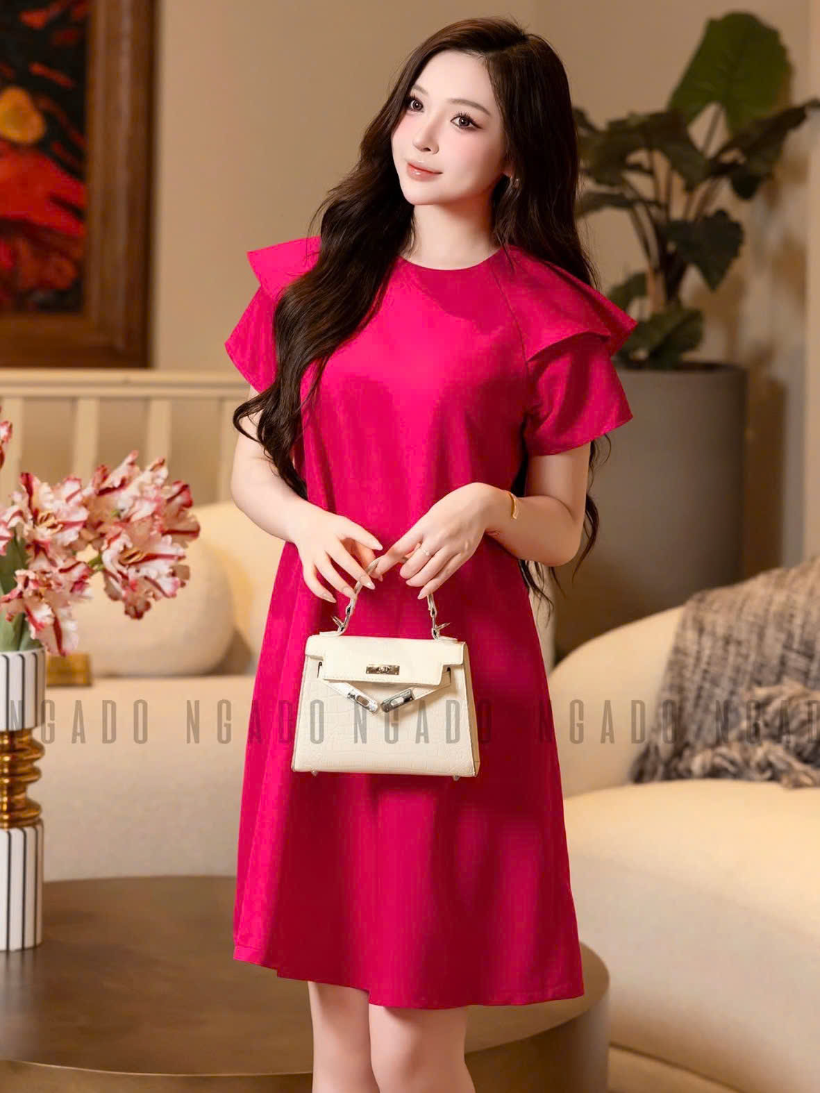 Đầm hồng sen cổ tròn NGADO , đầm dạo phố , đầm dự tiệc