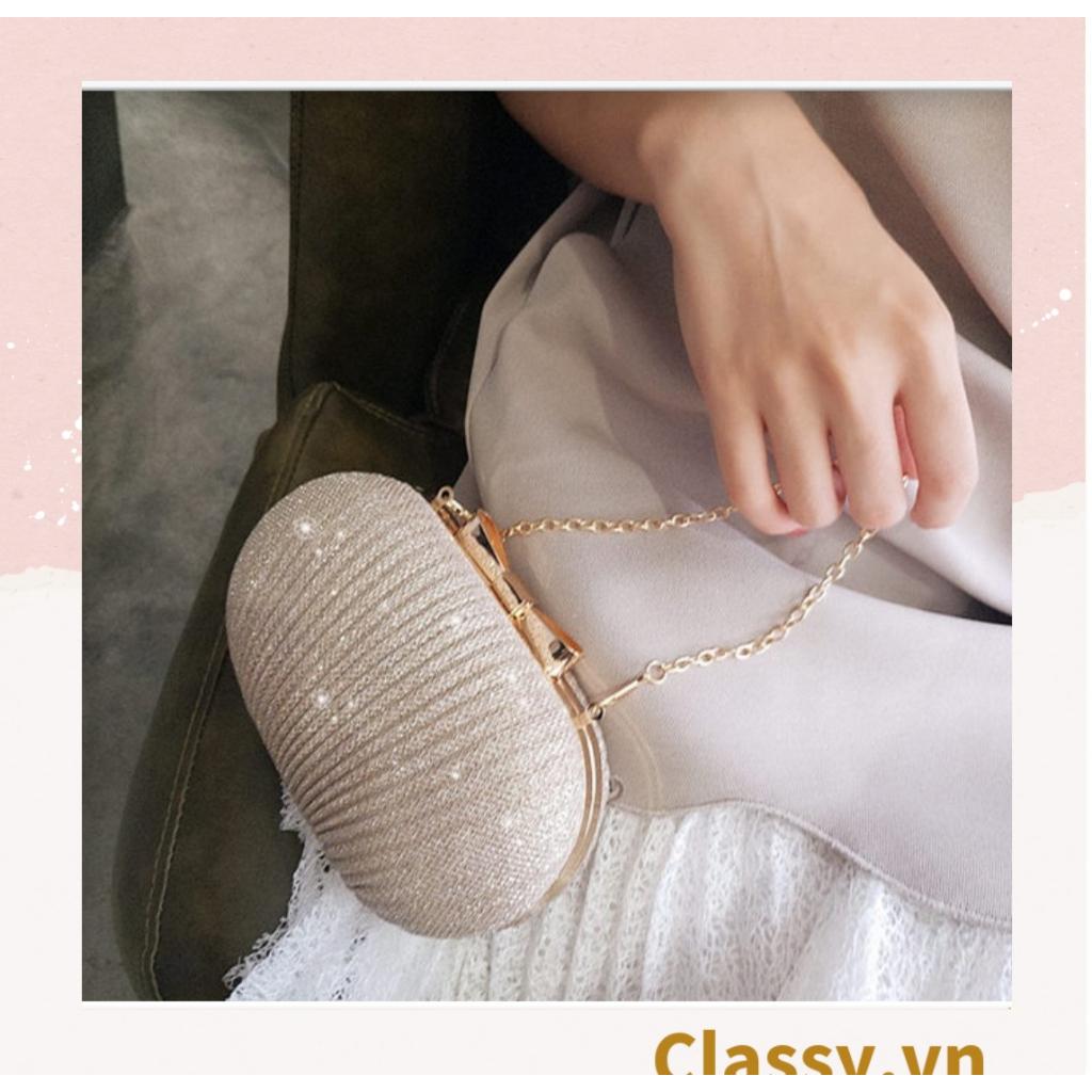 Clutch Classy cầm tay đi tiệc màu be hình bầu dục , đính đá sequin lấp lánh T589