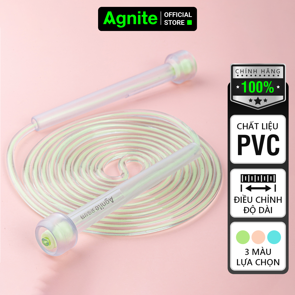 Dây nhảy tập thể dục Trong suốt Agnite chính hãng - Lõi nhựa PVC cao cấp - Dài 2.8m - Màu Hồng/Xanh dương/Xanh lá - F4122