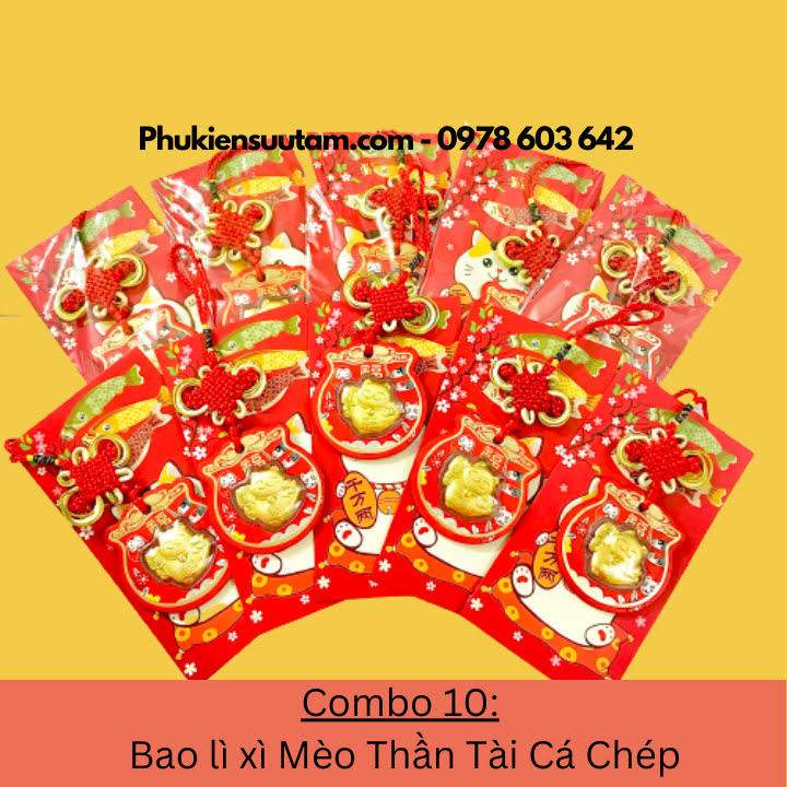 Combo 10 Bao Lì Xì Mèo Thần Tài Cá Chép, kích thước: 17cmx9cm, màu đỏ - SP005935
