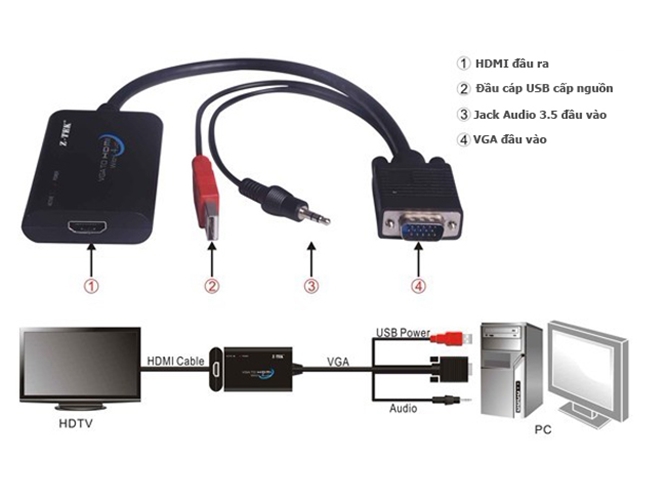 Bộ chuyển đổi VGA sang HDMI có Audio Z-TEK ZE577C, chuyển đổi cổng xuất hình cho máy tính, laptop, box tivi, Hàng chính hãng