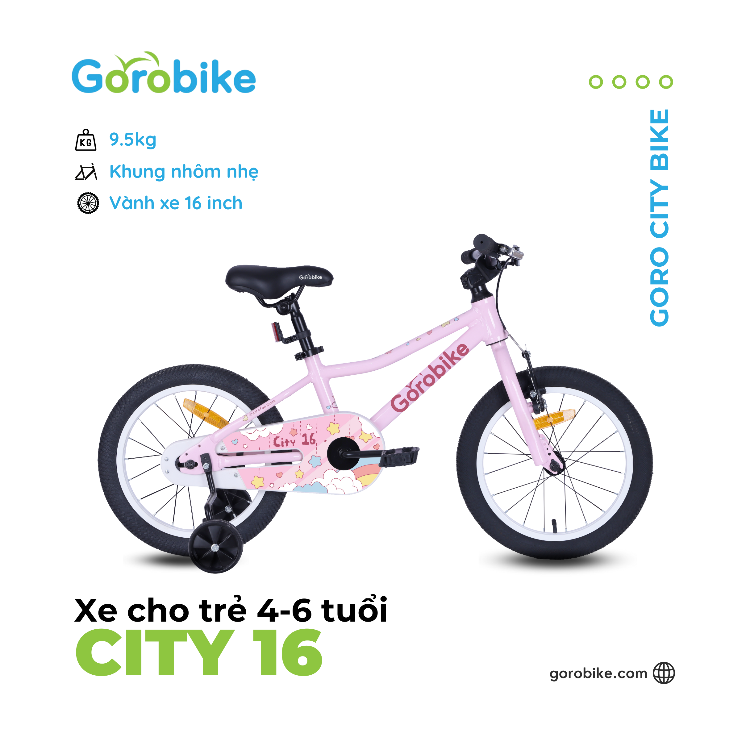 Xe Đạp Trẻ Em City 16 Gorobike - Bánh 16 inch (cho trẻ 4-6 Tuổi/ Cao 100-120Cm)