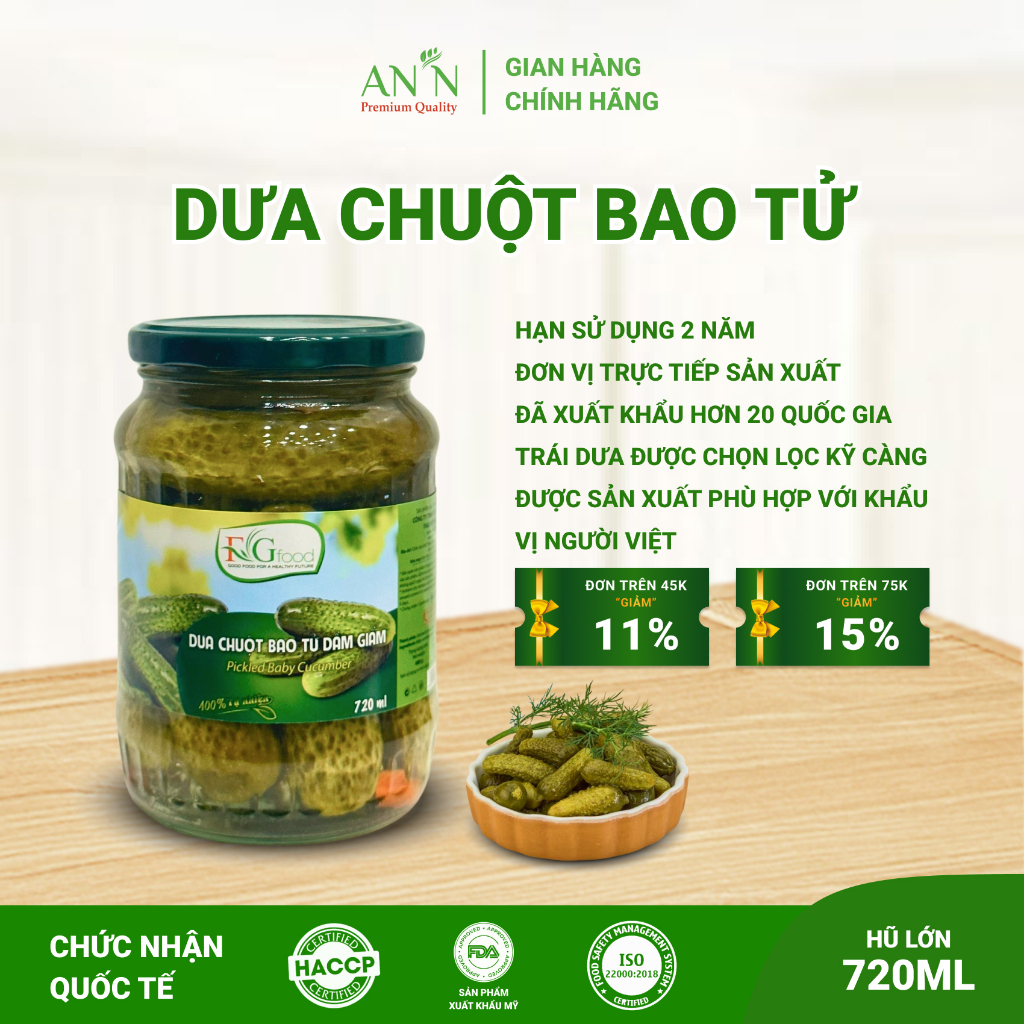 Dưa Chuột Bao Tử Ngâm F&amp;G Food Size 6-9, Hũ Lớn 720gr Ăn Kèm Thịt Nướng, Làm Gỏi Trộn