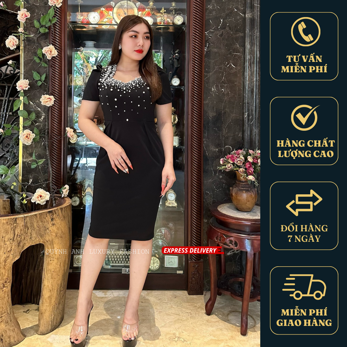 Đầm Body Đen Đính Đá Ngọc Trai Sang Trọng Amber Dress