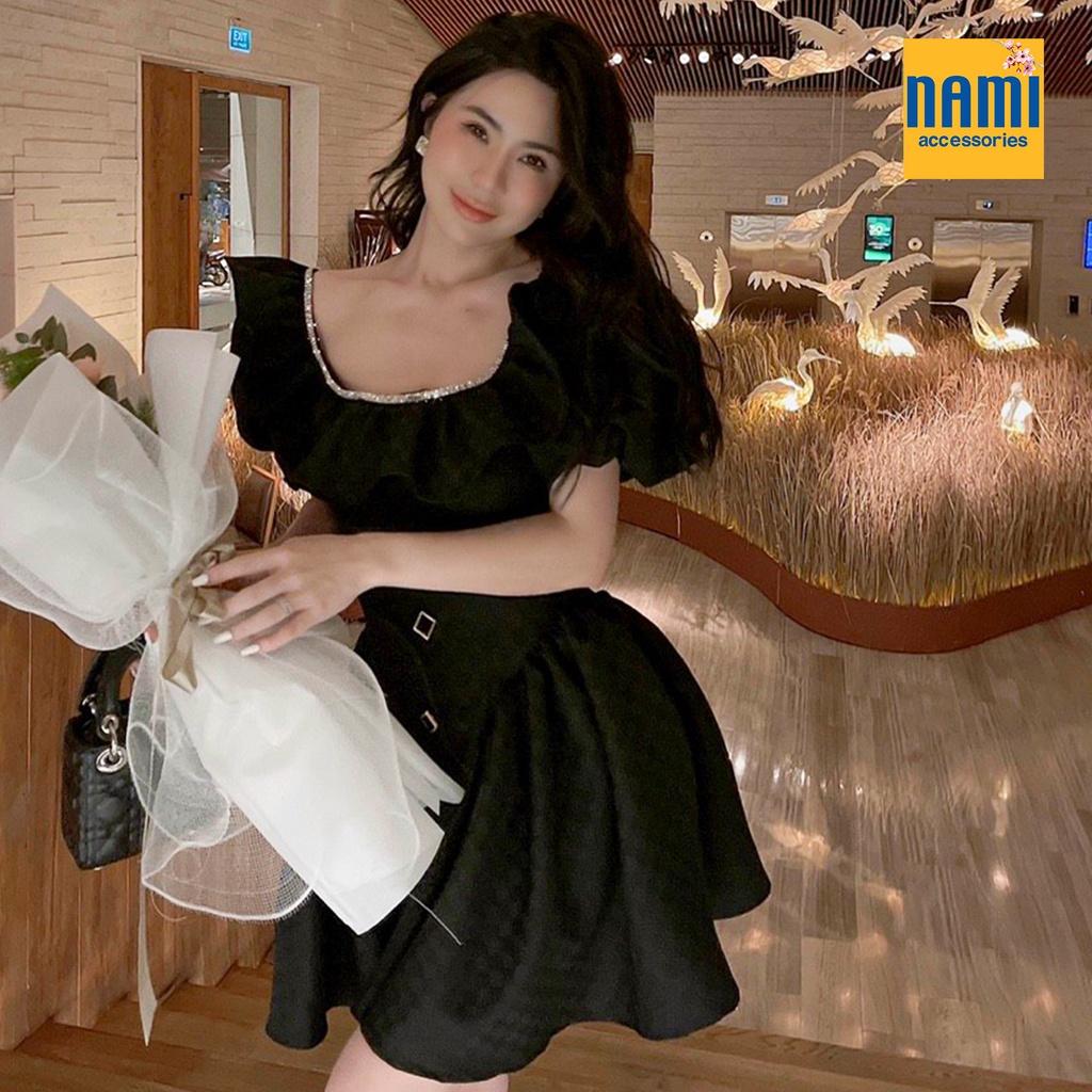Đầm xoè trễ vai nhúng bèo tay phồng kết đá Nanami chất liệu bố karo form dáng tiểu thư xinh xắn điệu đà nổi bật- ATNU063
