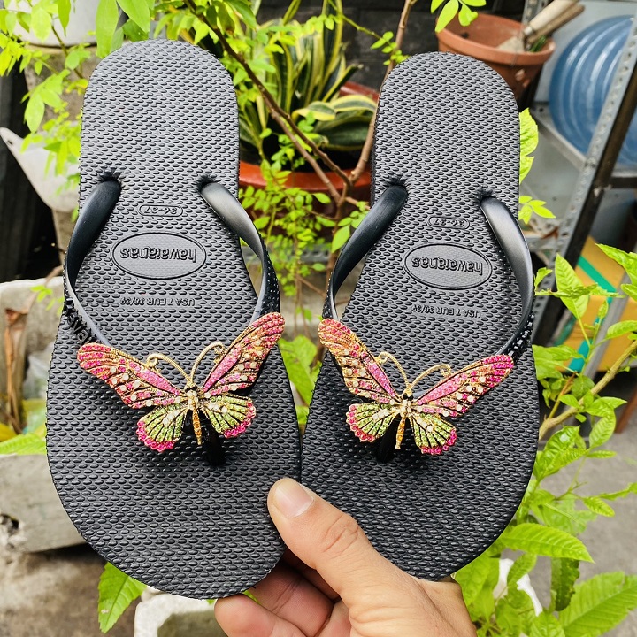 Dép kẹp nữ đính bướm cham 3 màu kem nâu đen mã A2