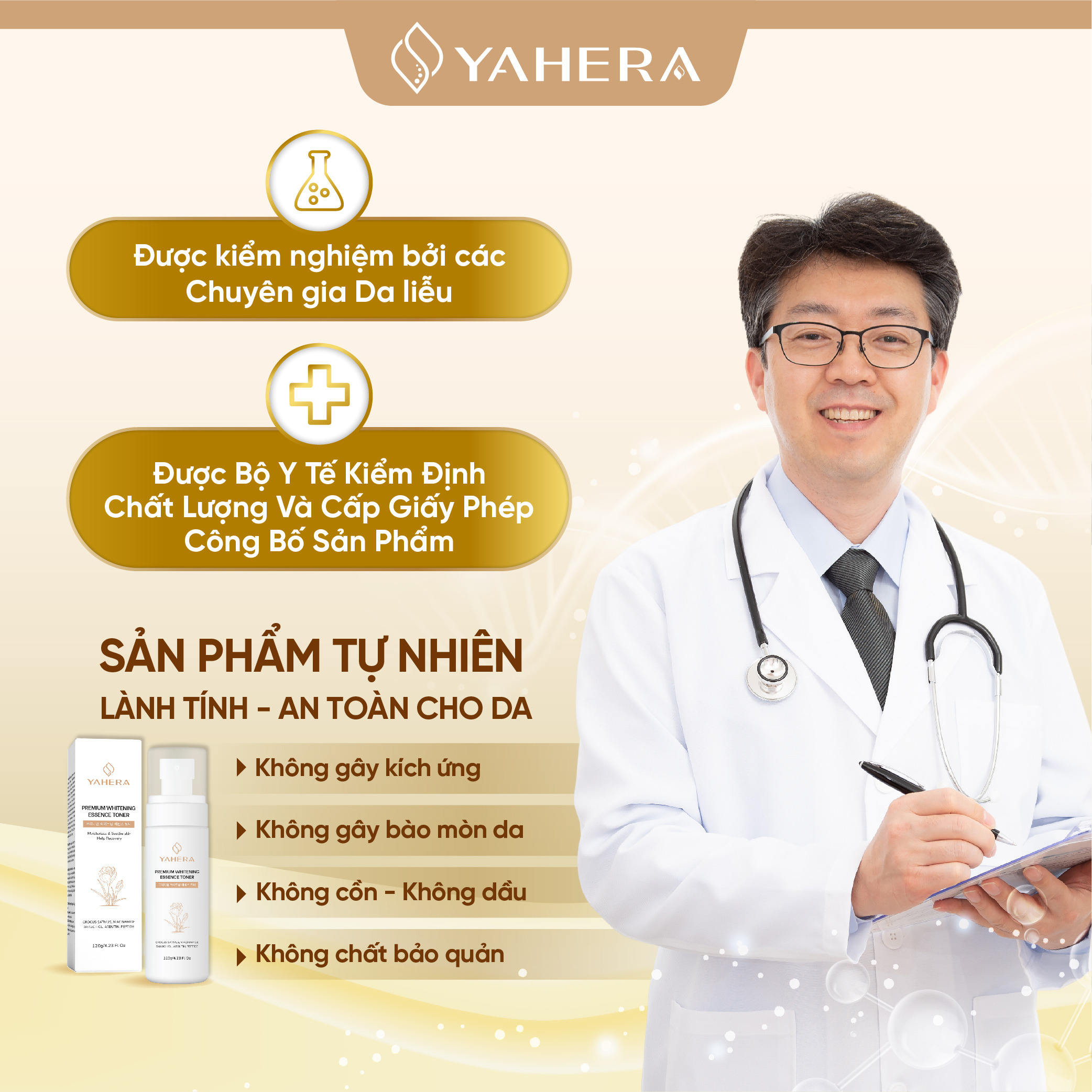 Nước hoa hồng dưỡng trắng da YAHERA Premium Whitening Essence Toner giúp sạch sâu, dưỡng ẩm, cân bằng độ pH da, se khít lỗ chân lông và ngăn ngừa mụn 120g