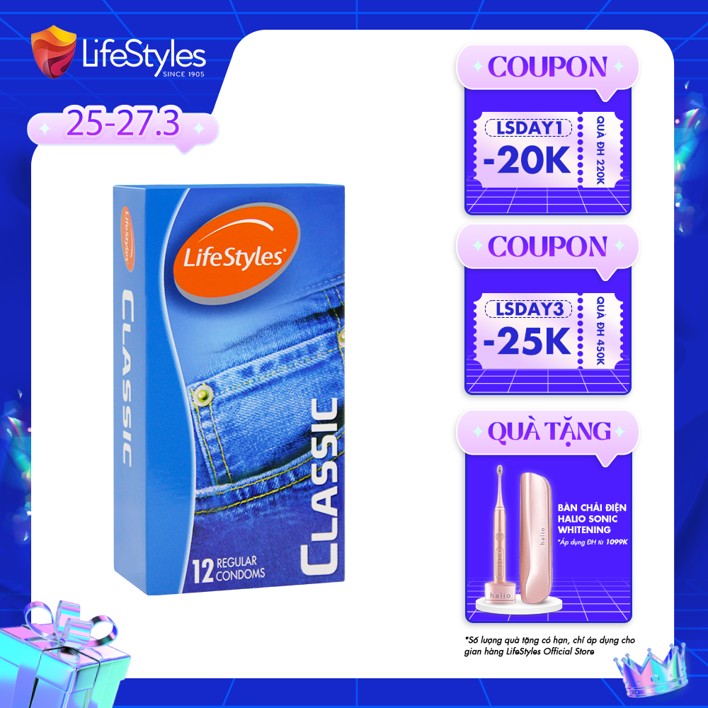 Bao cao su LifeStyles Classic thiết kế mỏng ôm sát nhiều gel 12 bao
