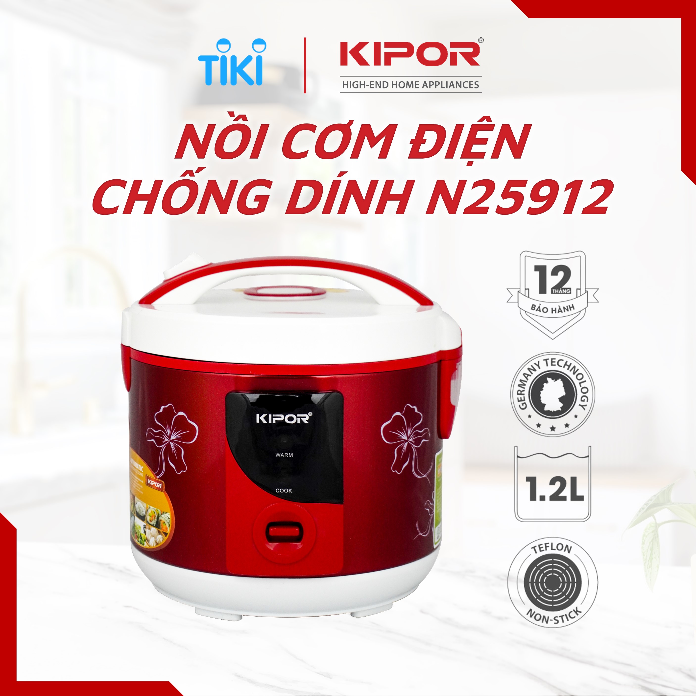 Nồi cơm điện KIPOR KP-N25912 - 1.2L - Phủ chống dính HOÀNG KIM, Nồi cơm có tặng kèm vỉ hấp - phù hợp 2-3 người ăn - Hàng chính hãng