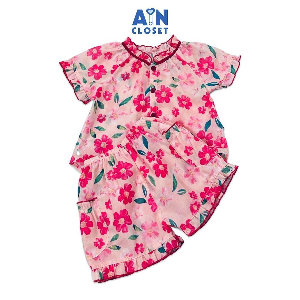 Bộ quần áo ngắn bé gái họa tiết hoa Chăm Pa Hồng cotton boi - AICDBGHPYWWM - AIN Closet