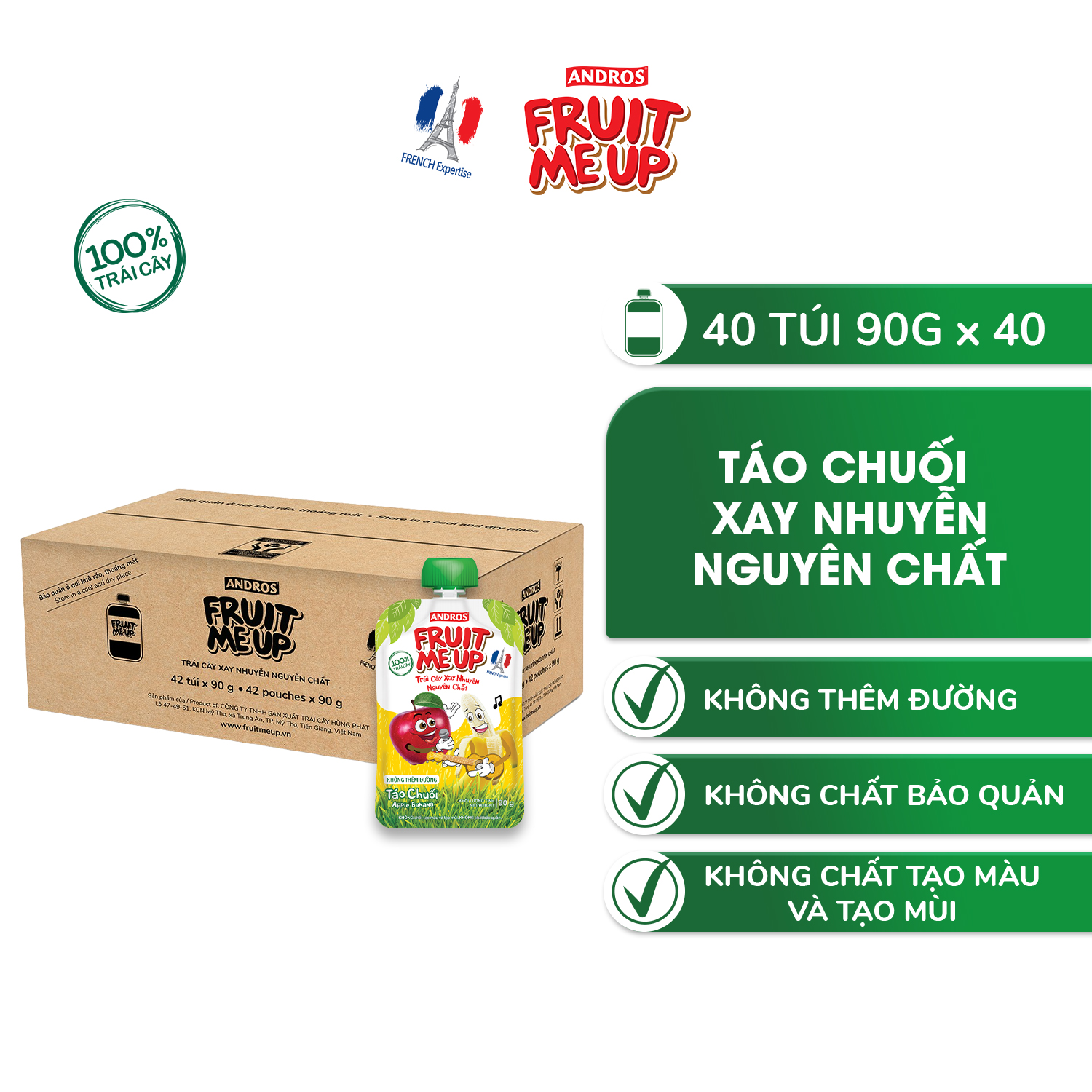 Trái Cây Xay Nhuyễn Nguyên Chất Andros Fruit Me Up - Táo chuối - Thùng 40 túi - 90g x 40