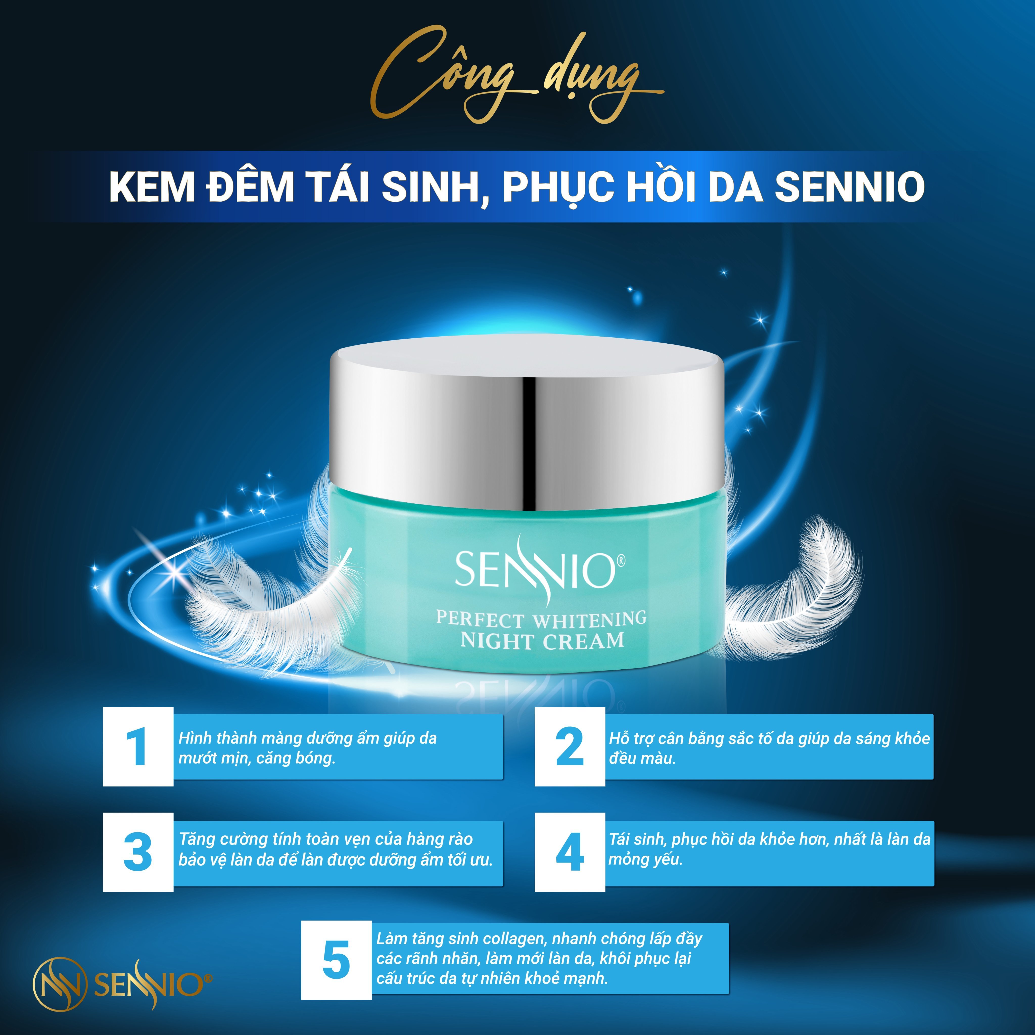 Kem dưỡng ẩm Sennio Perfect Whitening Night Cream  dưỡng trắng da mặt ban đêm tái tạo và phục hồi da 30g SNO 830