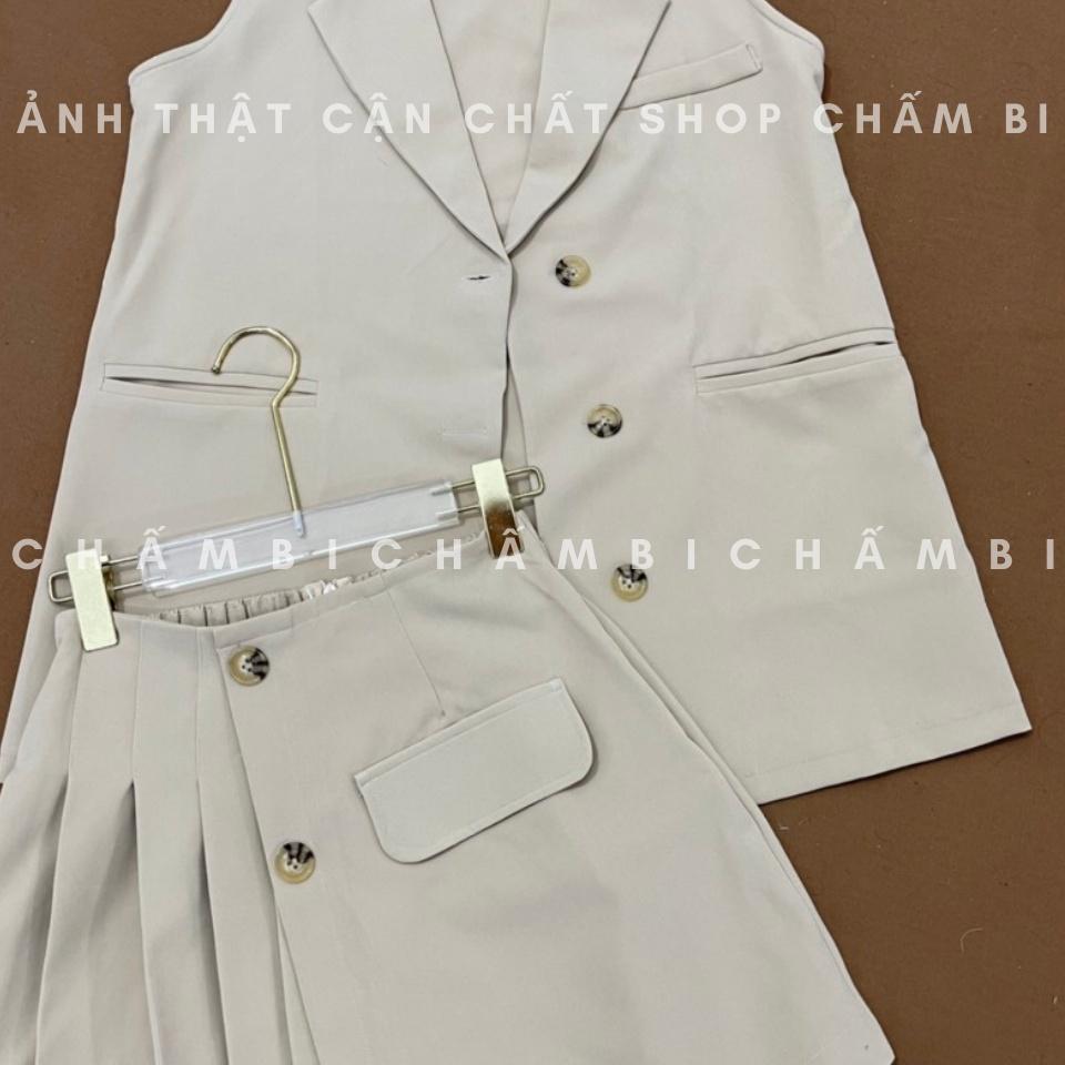 Set bộ đi chơi S.064, Set áo gile cổ vest form rộng cùng chân váy xếp ly cách điệu phong cách Hàn Quốc