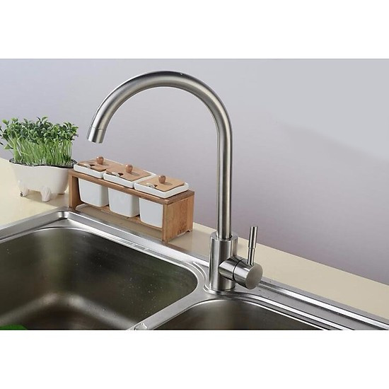 Combo chậu rửa chén bát inox hai hố cân 8245, vòi rửa bát cổ ngỗng nóng lạnh, bộ xả chậu, bình xà phòng, rá inox gác chậu