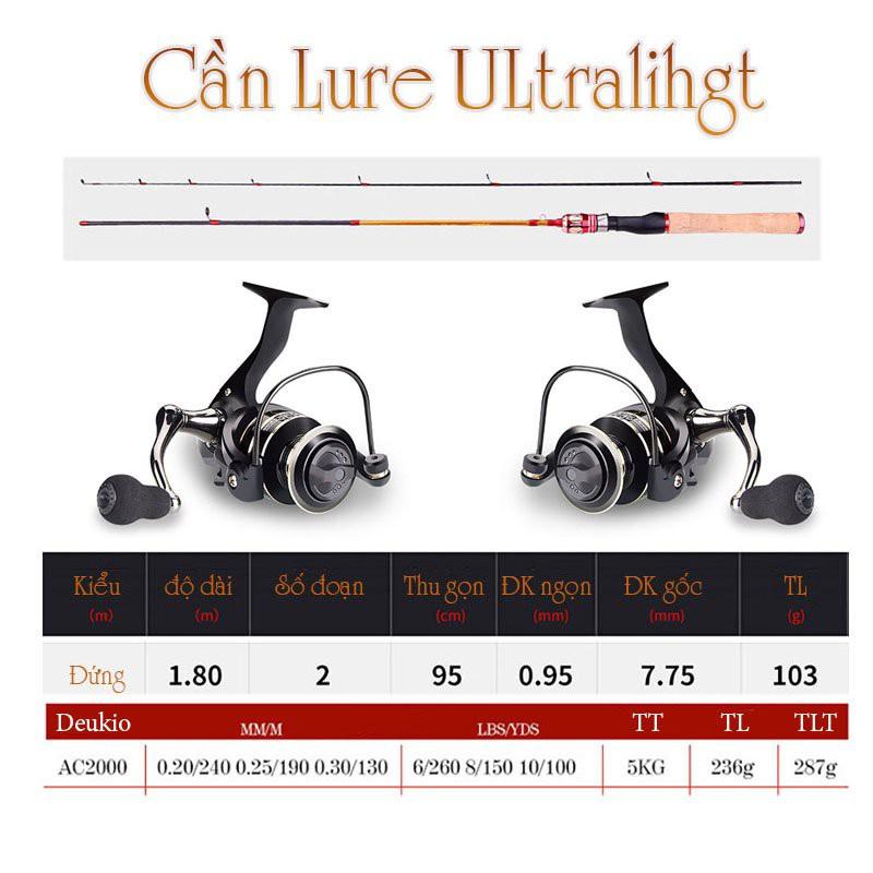 Bộ cần câu lure siêu dẻo ultralight cần câu ul 1.8m + máy Deukio kim loại + sét phụ kiện câu lure