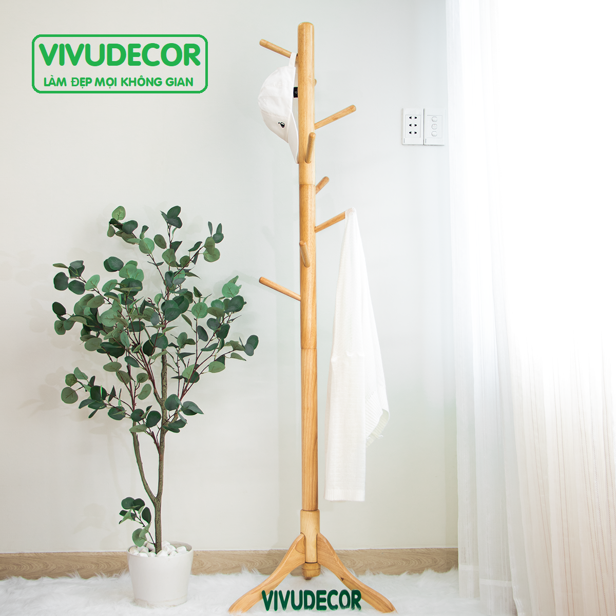 Cây treo quần áo VIVUDECOR CT08 100% gỗ tự nhiên 8 nhánh