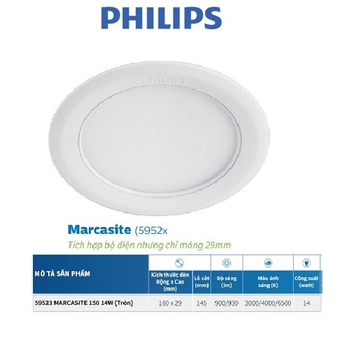Bộ đèn PHILIPS LED âm trần MARCASITE tròn -9W, 12W, 14W,16W