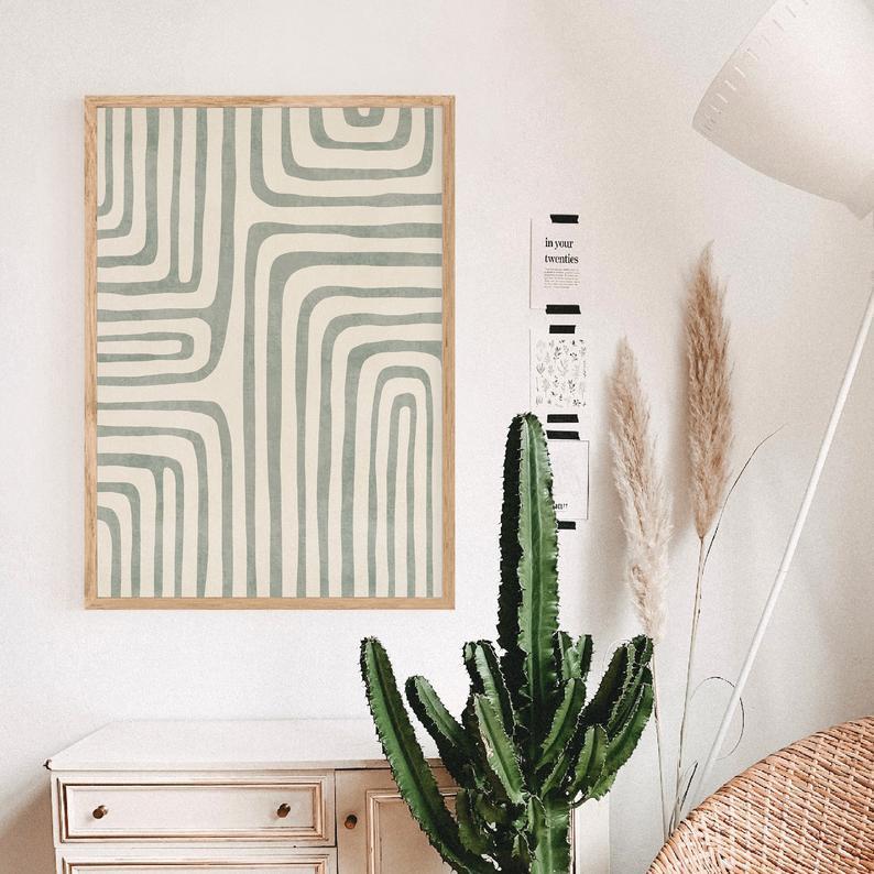 Tranh treo tường | Tranh trừu tượng - Sage green geometric line art print, simple green &amp; beige lines poster