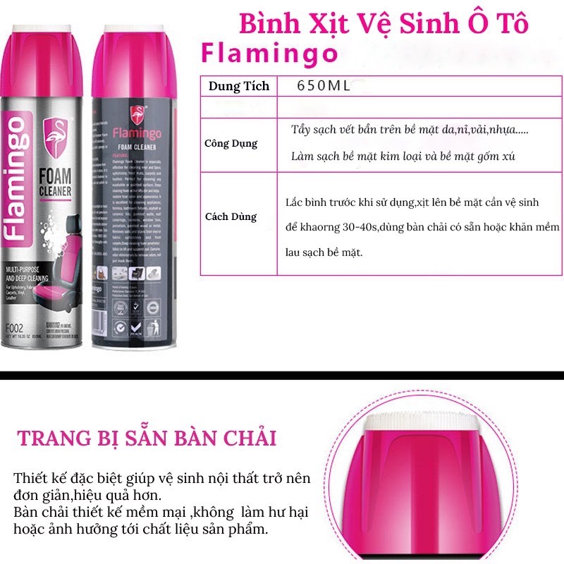 Xịt bọt đa năng vệ sinh nội thất ô tô xe hơi tẩy vết bẩn bề mặt nỉ da nhựa vải Flamingo 650ml F002