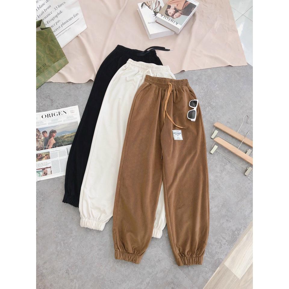 Quần jogger nỉ nhung tăm nữ bo gấu lưng thun dày dặn phom rộng basic 3 màu style ulzzang