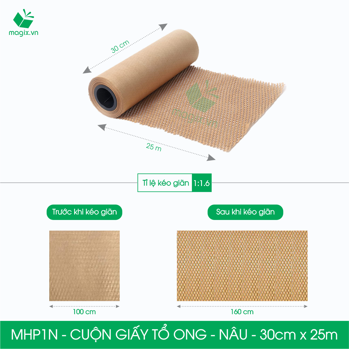 MHP1N - 0.3x25m - CUỘN GIẤY KRAFT TỔ ONG MÀU NÂU CHỐNG SỐC THAY THẾ BÓNG KHÍ XỐP HƠI ĐÓNG HÀNG