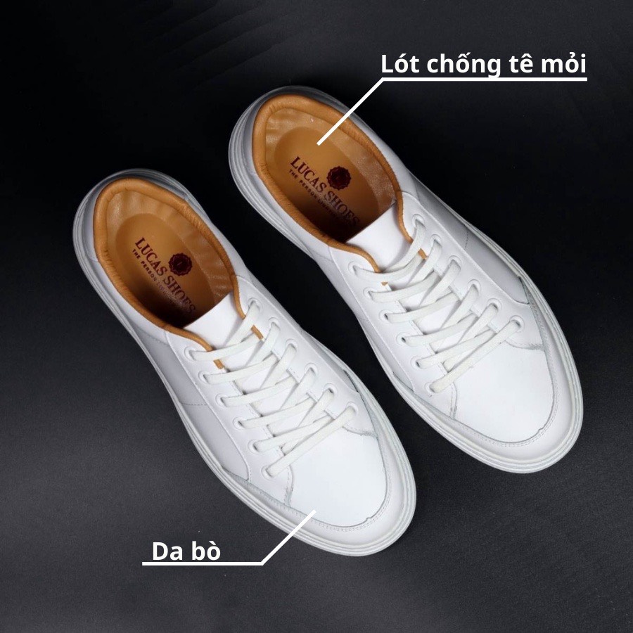 Giày Thể Thao White Sneaker da bò thật, đế khâu cao 3,5cm, dễ phối đồ - BH 1 năm