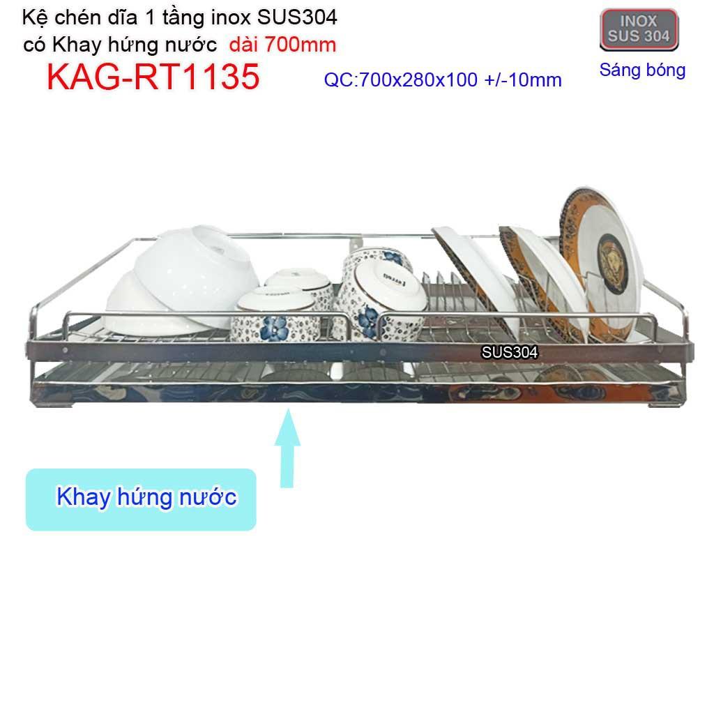 Kệ đựng chén bát 70cm inox 304, kệ úp chén dĩa 1 tầng có khay hứng nước inox KAG-RT1135