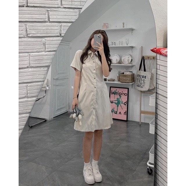 Đầm nữ sơmi cài cúc dáng dài, Váy babydoll ulzzang kiểu hàn basic cổ bẻ dễ thương dự tiệt mặc nhà