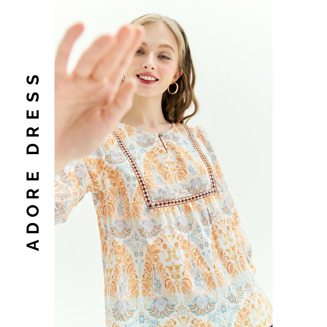 Áo sơ mi top tunic style thô lụa hoạ tiết tunic 313TO1028 ADORE DRESS