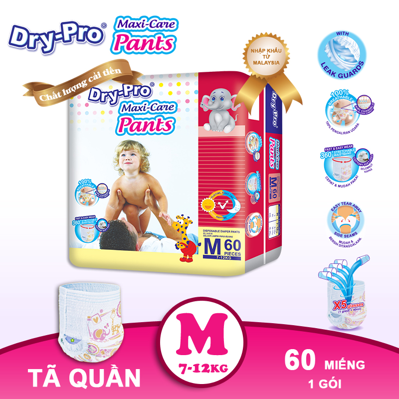 Tã/bỉm quần Dry-Pro siêu thấm hút nhập khẩu Malaysia size M60 (7kg - 12kg) - Gói 60 miếng
