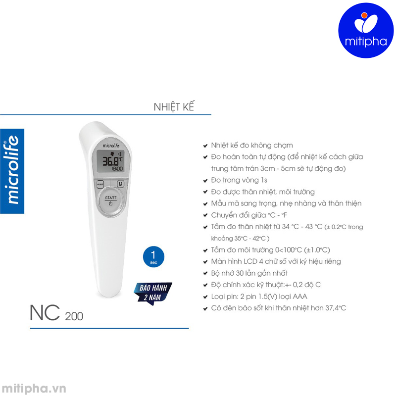 Nhiệt kế điện tử đo trán Microlife NC 200 model 2020 kèm hộp đựng tiện lợi