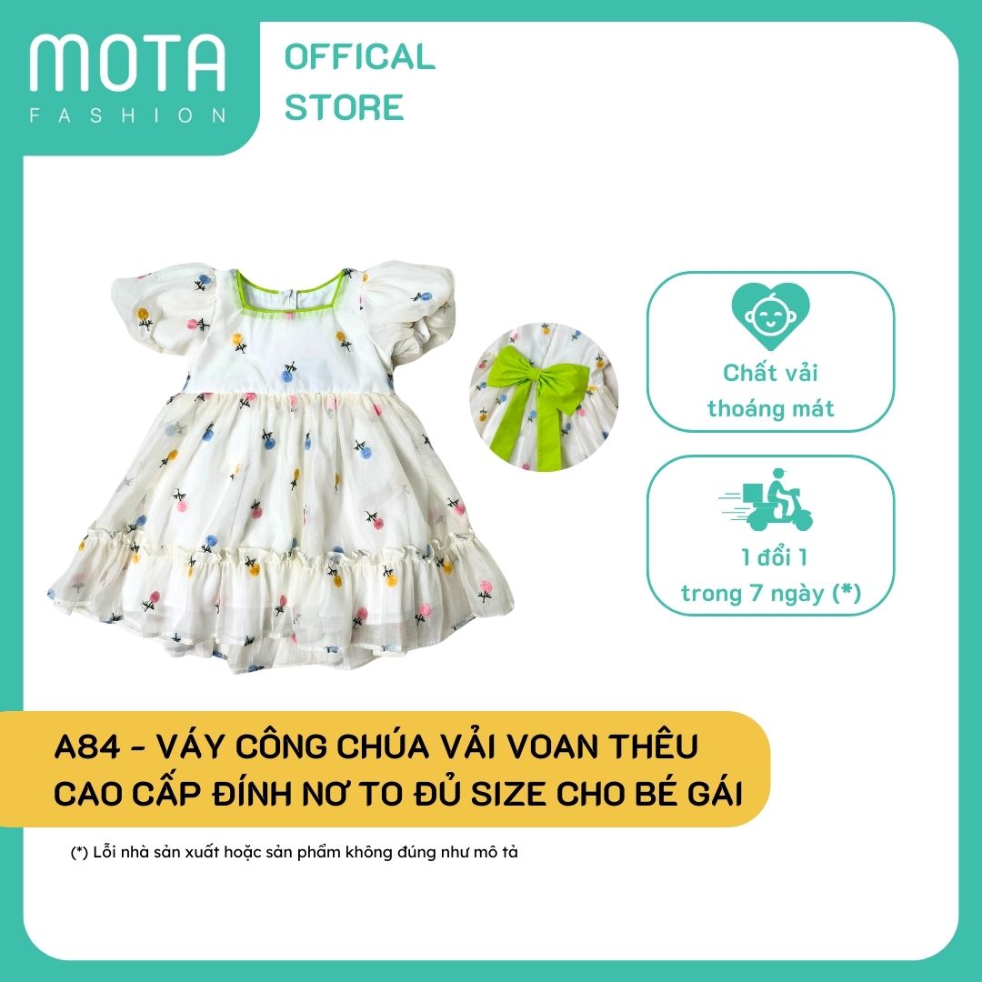 A84 Váy công chúa vải voan thêu cao cấp đính nơ to đủ size cho bé gái từ 15-32kg Mota Fashion - Hàng chính hãng