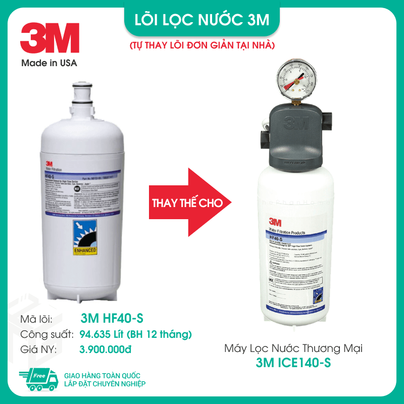 [MIỄN PHÍ LẮP ĐẶT] Máy Lọc Nước Mỹ 3M ICE140-S, 3M DP190 - Công Suất Lớn 94.635L 204.412L Thương Mại, Nhà Hàng, Quán Cà Phê, Trà Sữa, Không Điện, Lõi thay thế 3M HF40-S, HF90+HF8-S - Hàng Chính Hãng 3M