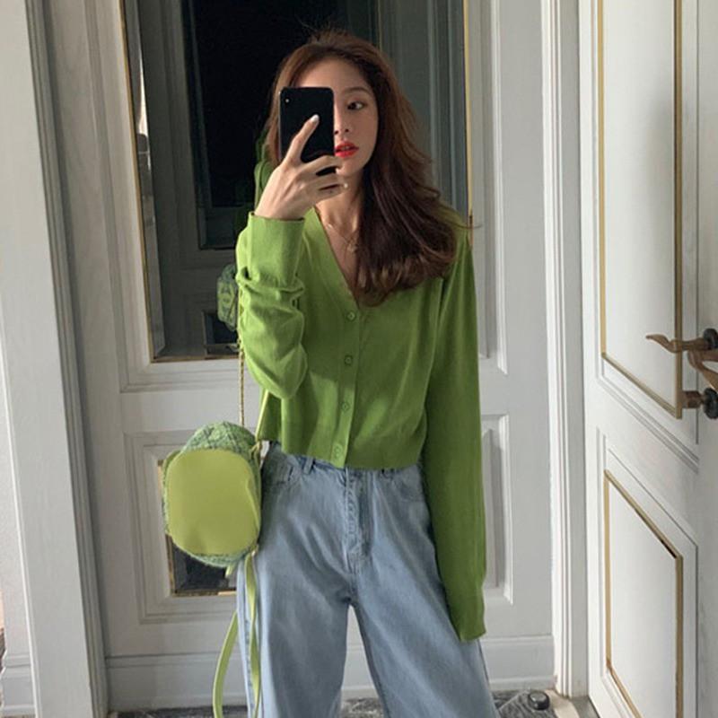 Áo len dệt kim phối nút thiết kế cổ chữ V màu trơn thanh lịch cho nữ