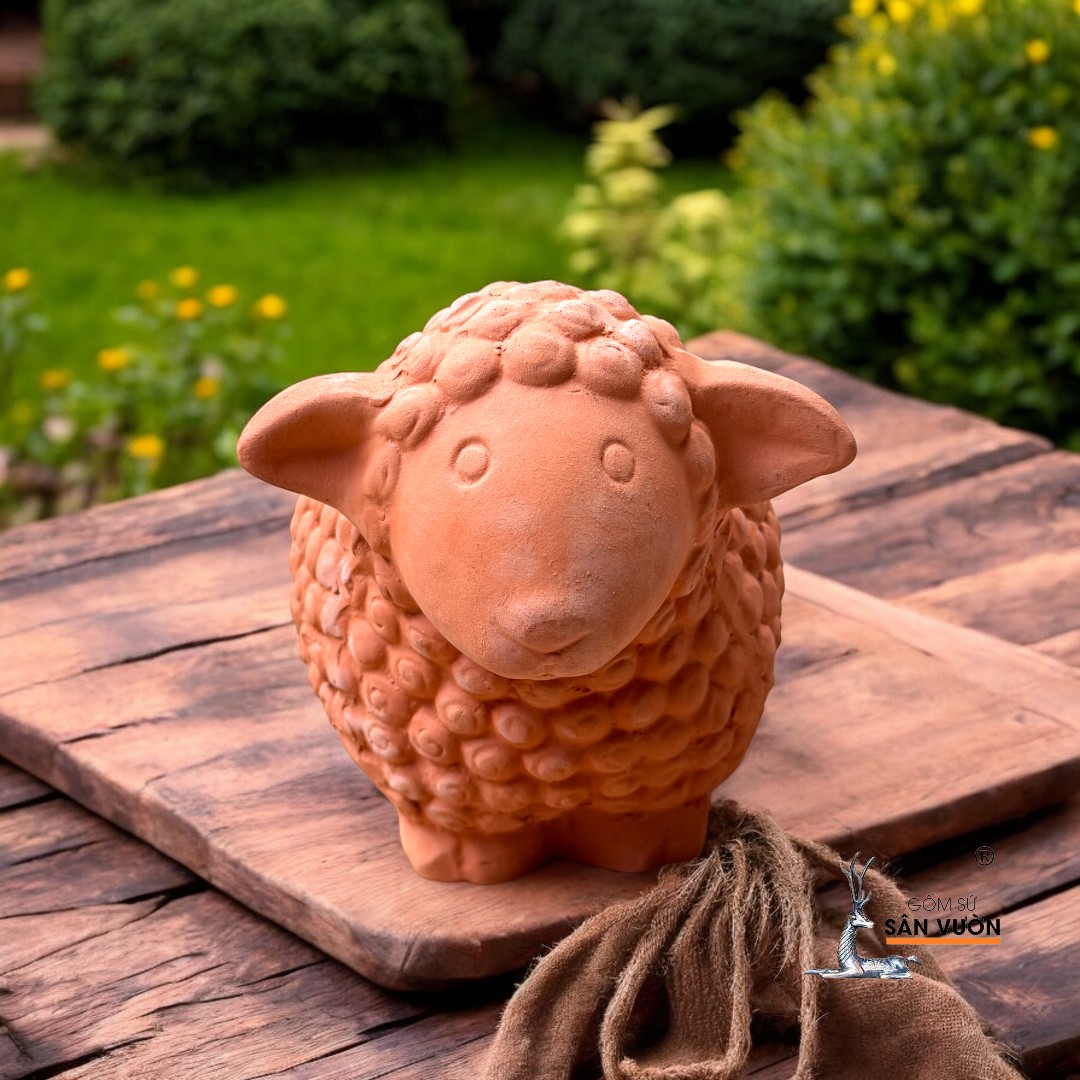 Tượng Gốm Đất Nung Hình Con Cừu - Tượng Decor Sân Vườn