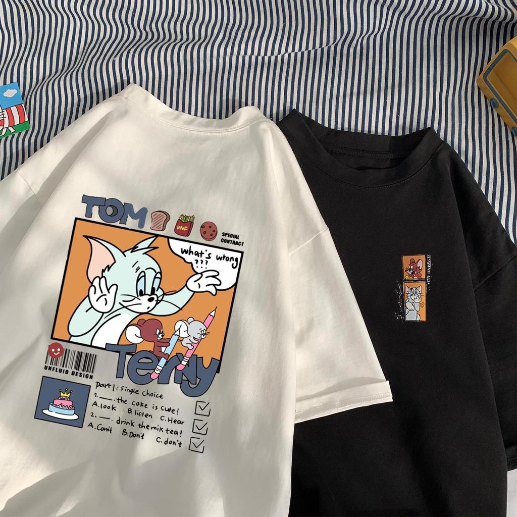 Áo thun tay lỡ nam nữ, áo phông unisex form rộng chất cotton mát mịn thấm hút mồ hôi in hình TOM &amp; JERRY CỰC ĐẸP