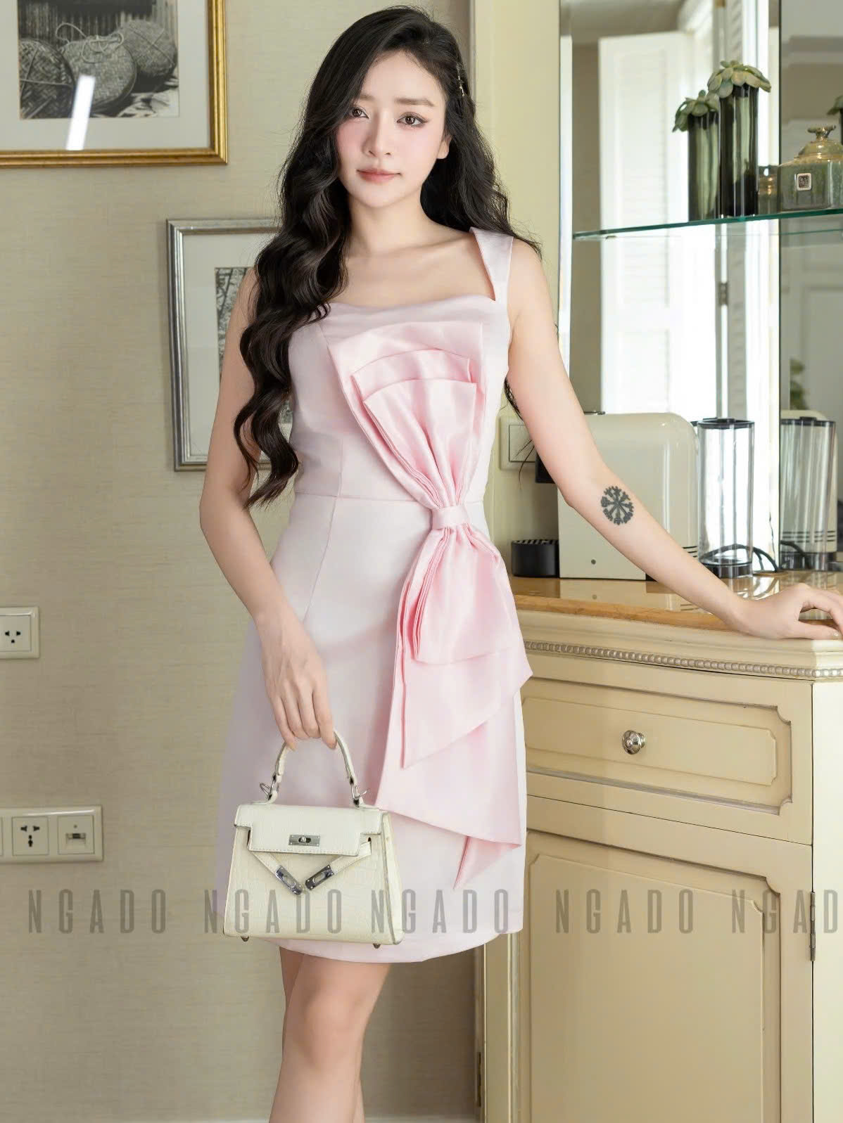 Đầm hồng nơ eo NGADO , đầm hồng dự tiệc , đầm công sở